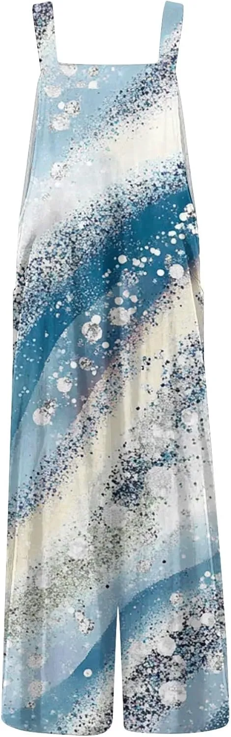 Plus Size Floral Jumpsuits Women 2025 Boho Linen Jumpsuit Cute Rompers Patchwork Wide Leg Pants with Pockets
