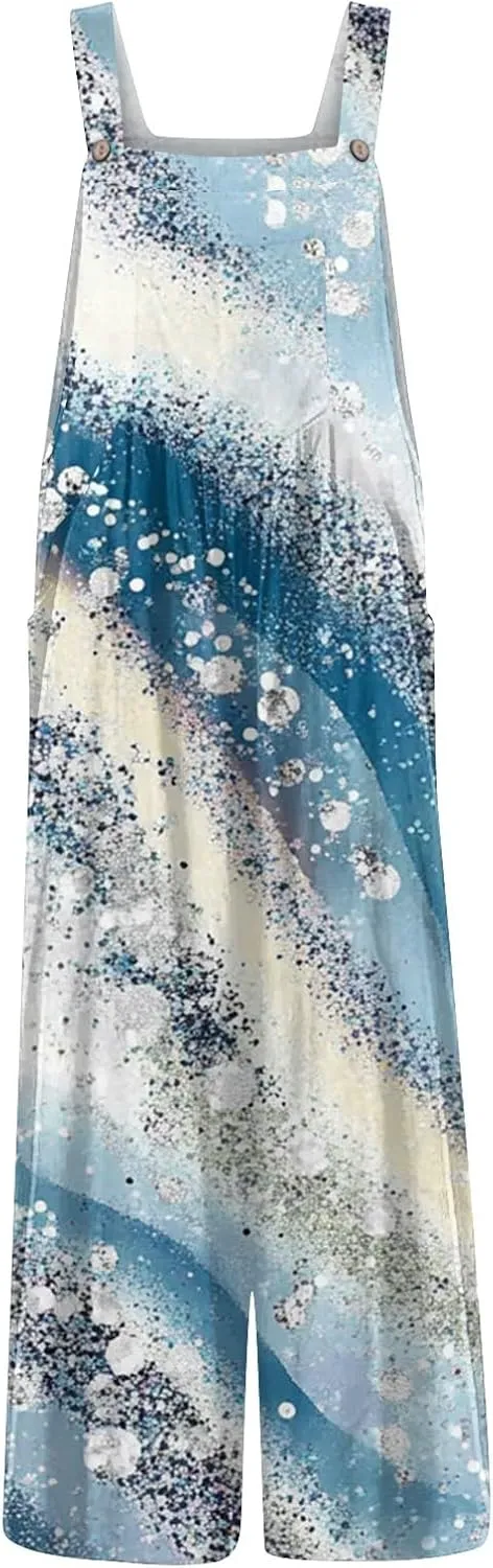 Plus Size Floral Jumpsuits Women 2025 Boho Linen Jumpsuit Cute Rompers Patchwork Wide Leg Pants with Pockets