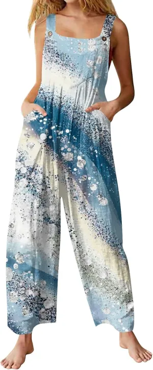 Plus Size Floral Jumpsuits Women 2025 Boho Linen Jumpsuit Cute Rompers Patchwork Wide Leg Pants with Pockets