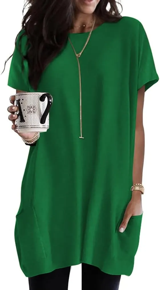 Poetsky Summer Womens Tunic Tops for Leggings with Pockets Short Sleeve Casual Long T Shirts