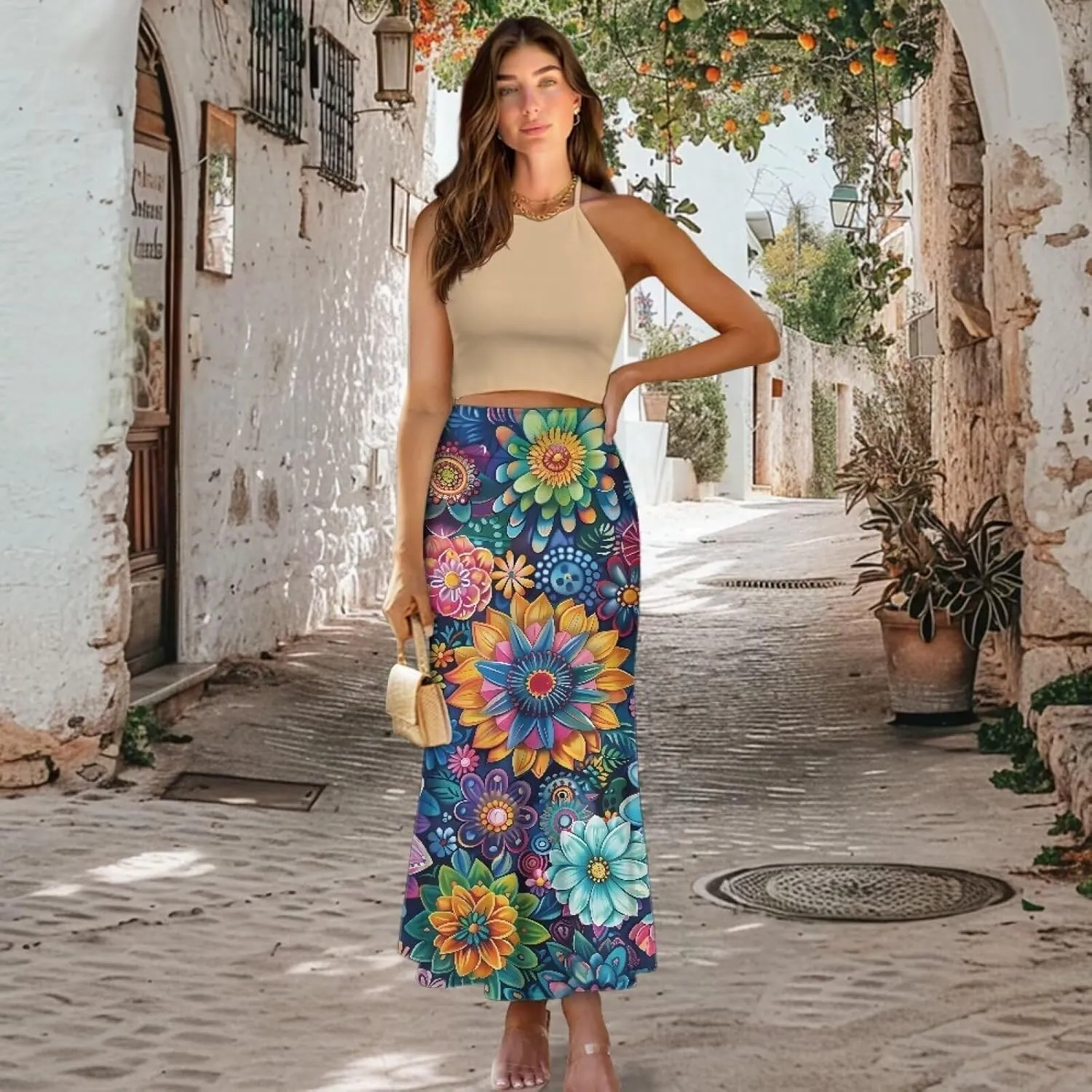 POLERO Floral Skirts for Women Zipper High Waisted Casual Long Skirt Elegant Work Office Outfits