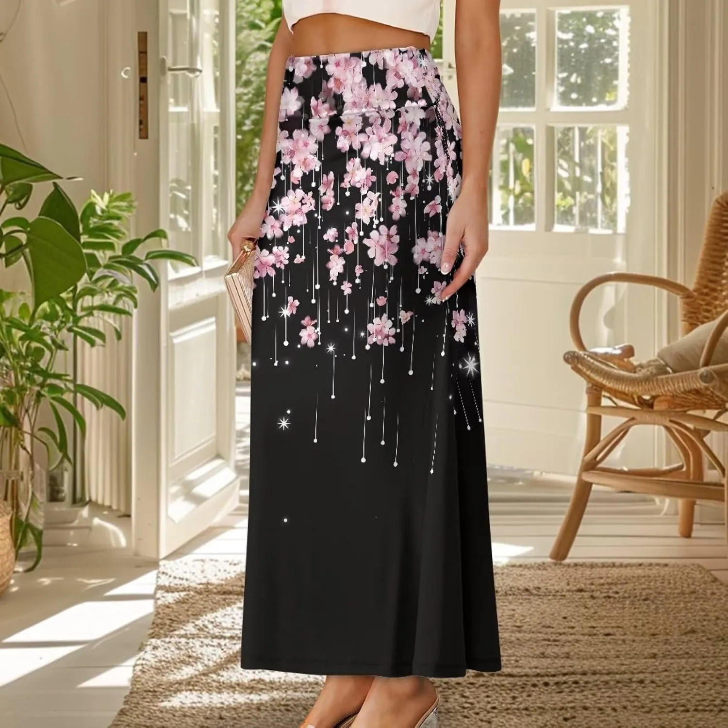 POLERO Floral Skirts for Women Zipper High Waisted Casual Long Skirt Elegant Work Office Outfits
