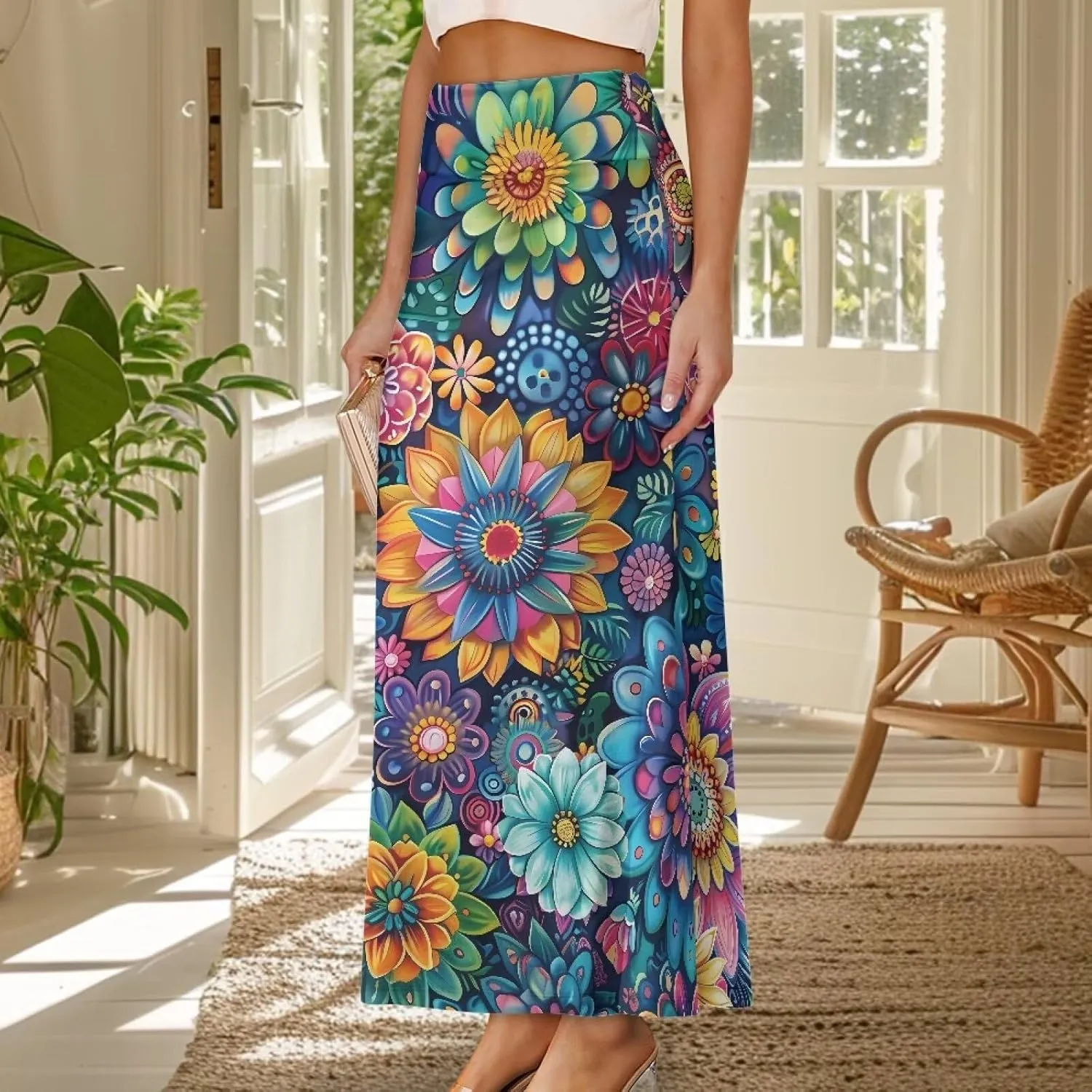 POLERO Floral Skirts for Women Zipper High Waisted Casual Long Skirt Elegant Work Office Outfits