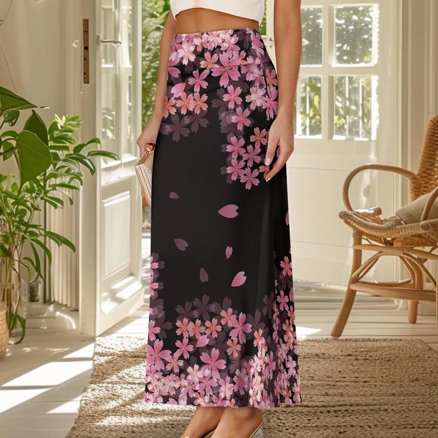 POLERO Floral Skirts for Women Zipper High Waisted Casual Long Skirt Elegant Work Office Outfits