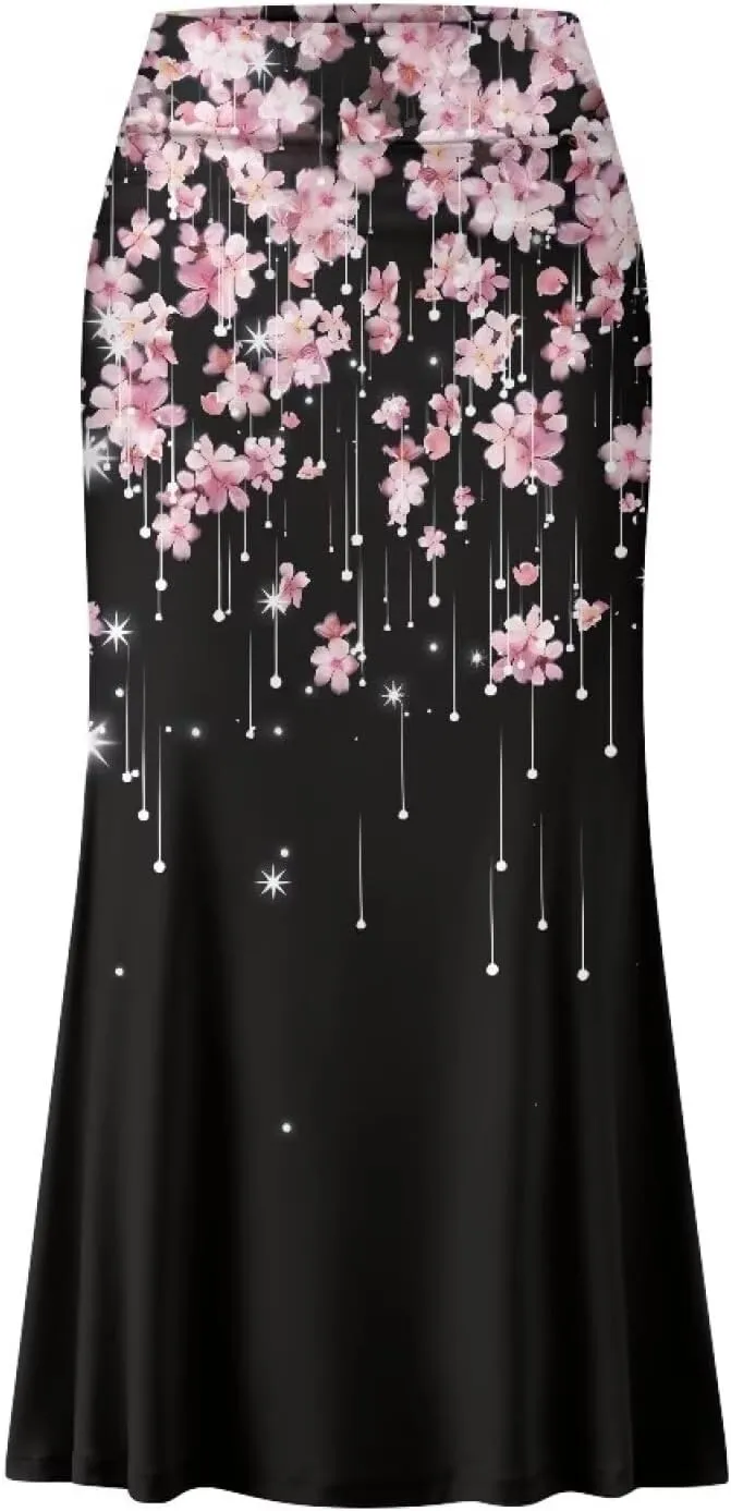 POLERO Floral Skirts for Women Zipper High Waisted Casual Long Skirt Elegant Work Office Outfits