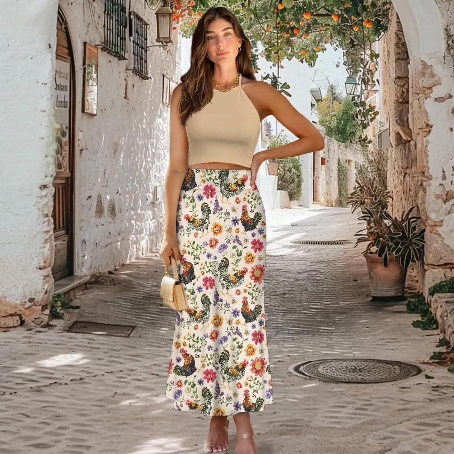 POLERO Floral Skirts for Women Zipper High Waisted Casual Long Skirt Elegant Work Office Outfits