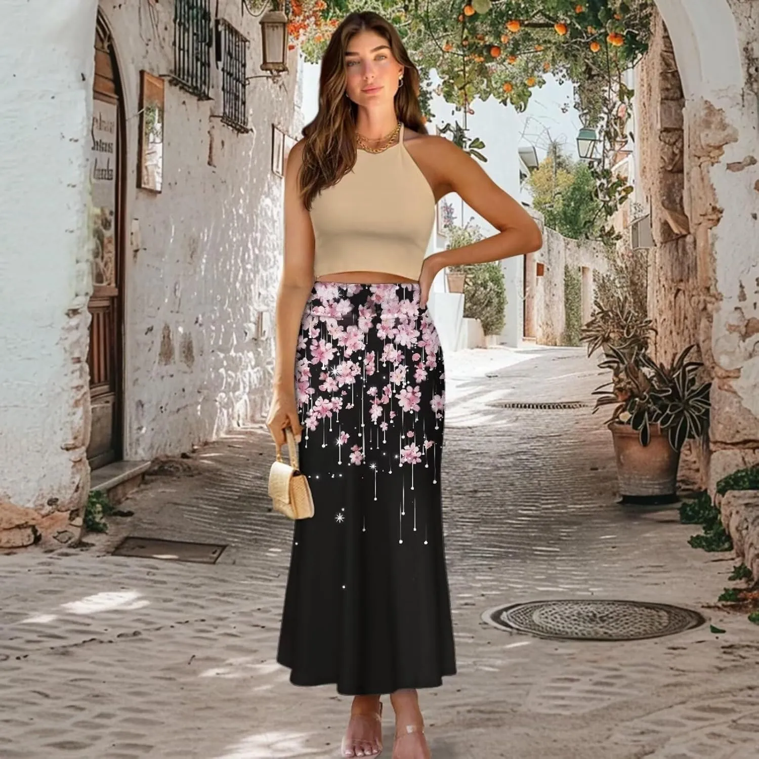 POLERO Floral Skirts for Women Zipper High Waisted Casual Long Skirt Elegant Work Office Outfits