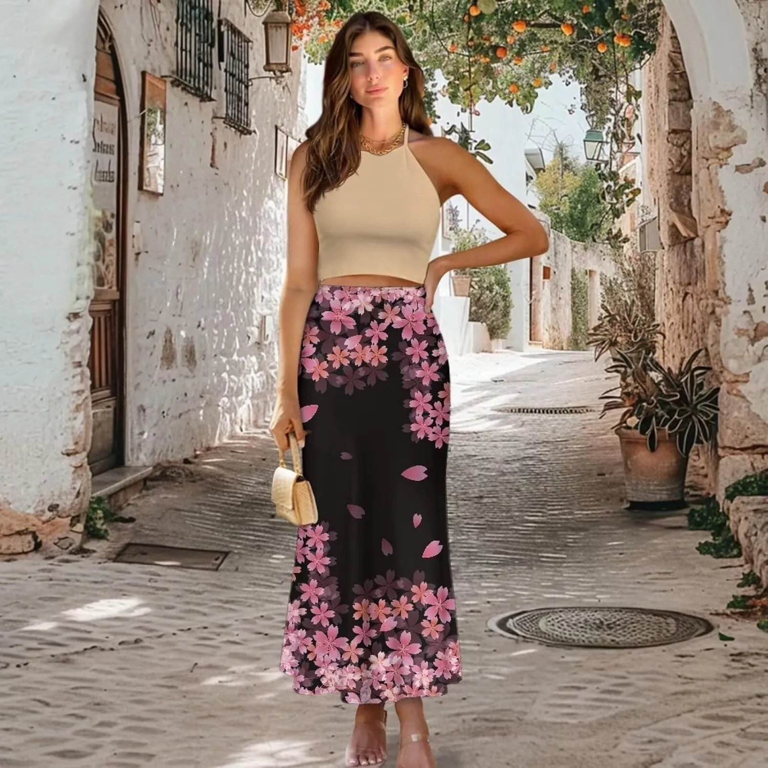 POLERO Floral Skirts for Women Zipper High Waisted Casual Long Skirt Elegant Work Office Outfits