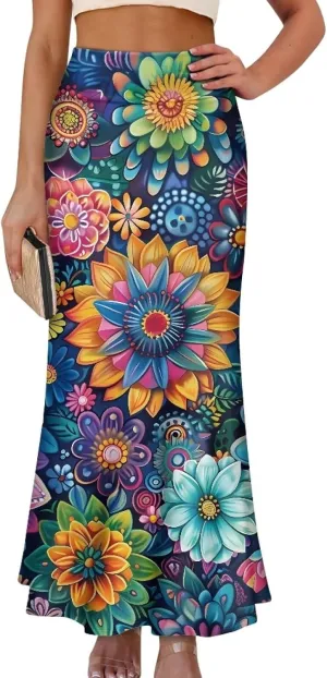 POLERO Floral Skirts for Women Zipper High Waisted Casual Long Skirt Elegant Work Office Outfits