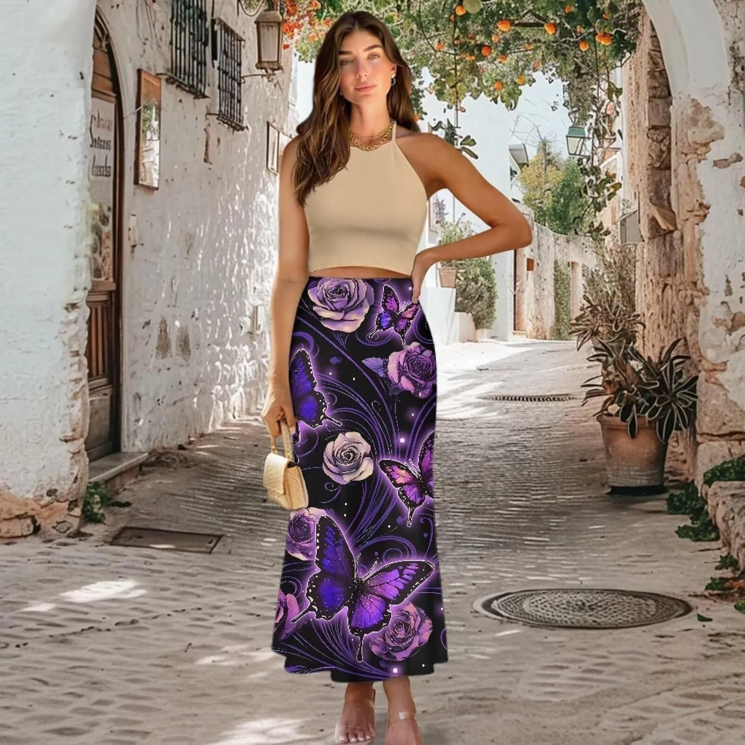 POLERO Floral Skirts for Women Zipper High Waisted Casual Long Skirt Elegant Work Office Outfits