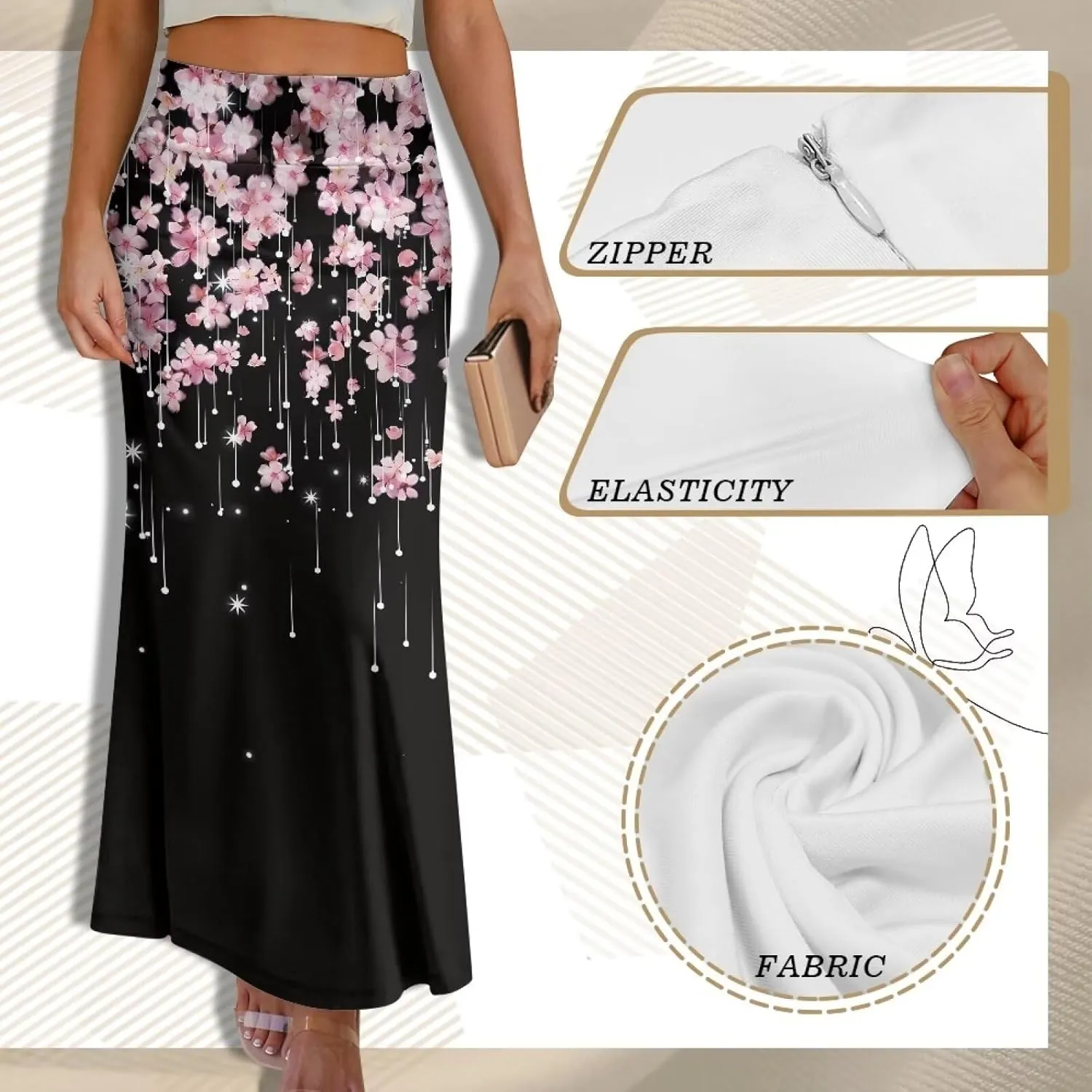 POLERO Floral Skirts for Women Zipper High Waisted Casual Long Skirt Elegant Work Office Outfits
