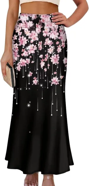 POLERO Floral Skirts for Women Zipper High Waisted Casual Long Skirt Elegant Work Office Outfits