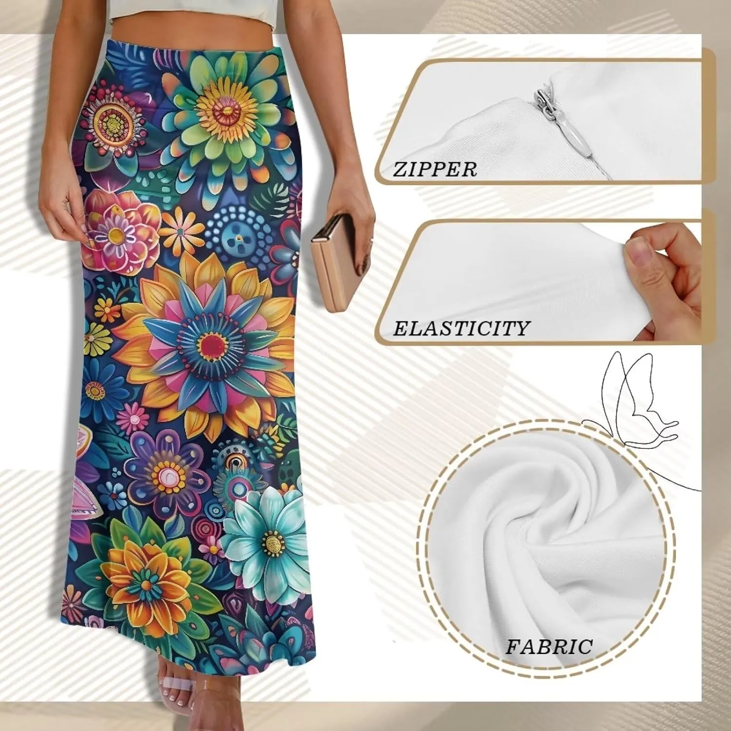 POLERO Floral Skirts for Women Zipper High Waisted Casual Long Skirt Elegant Work Office Outfits
