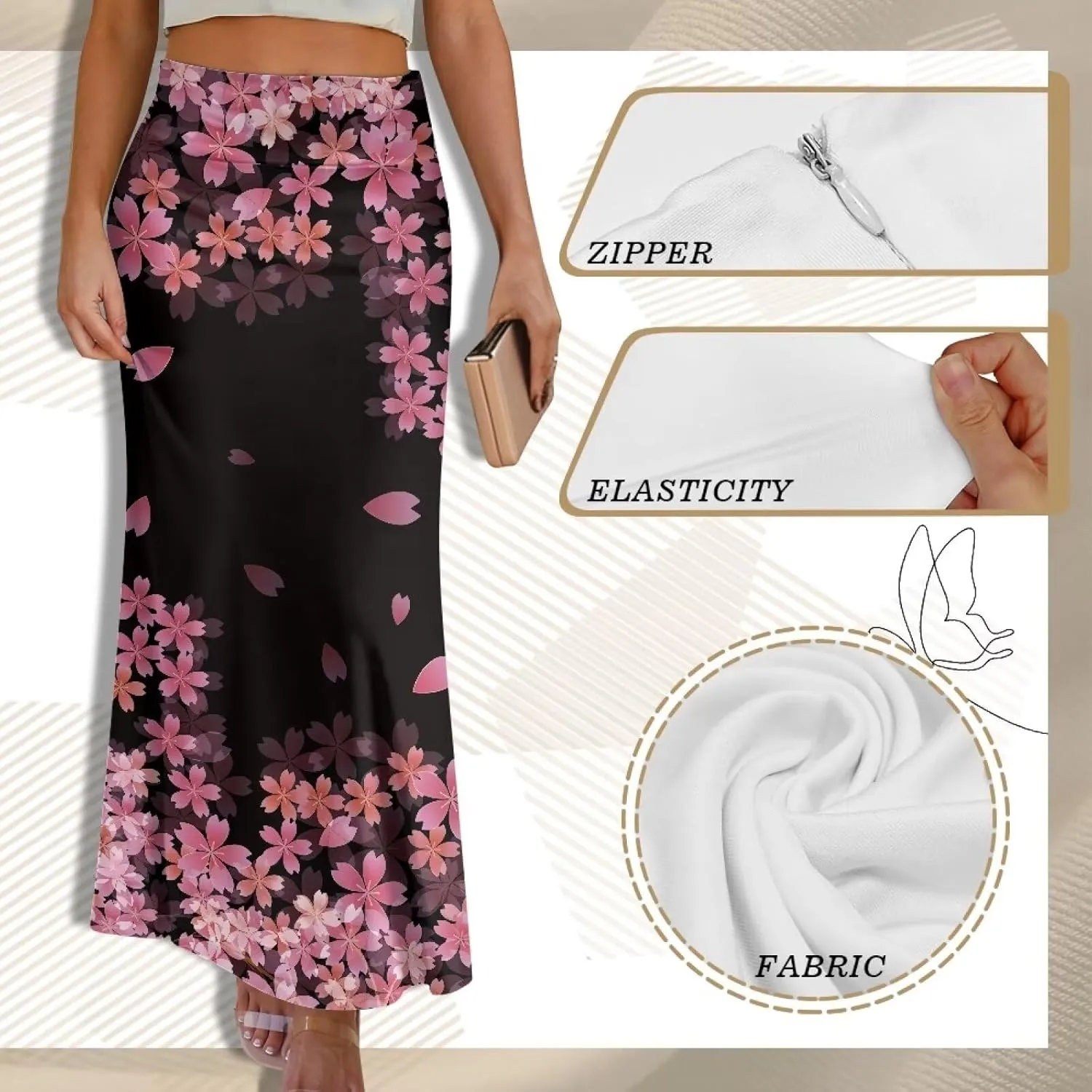POLERO Floral Skirts for Women Zipper High Waisted Casual Long Skirt Elegant Work Office Outfits