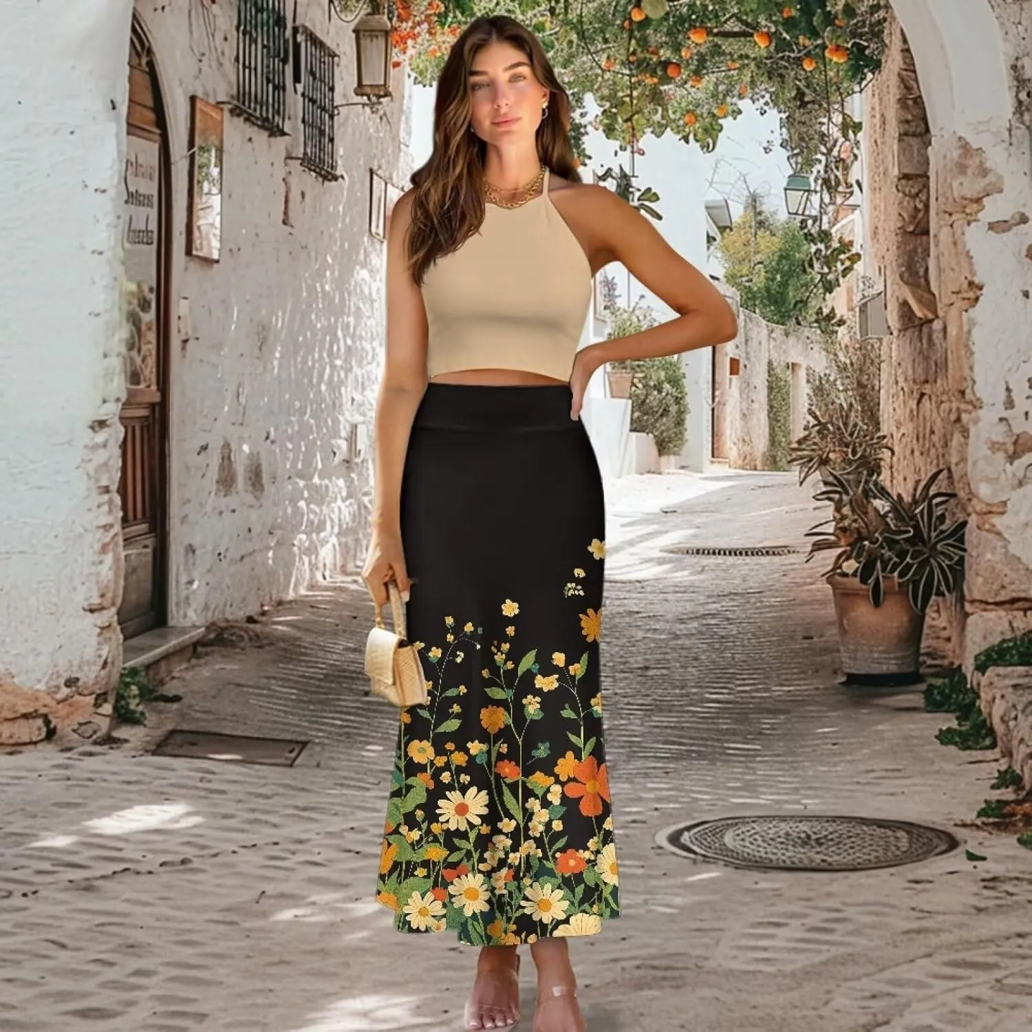 POLERO Plus Size Skirt for Women High Waist Long Maxi Flowy Skirts Zipper Trendy Casual Outfit