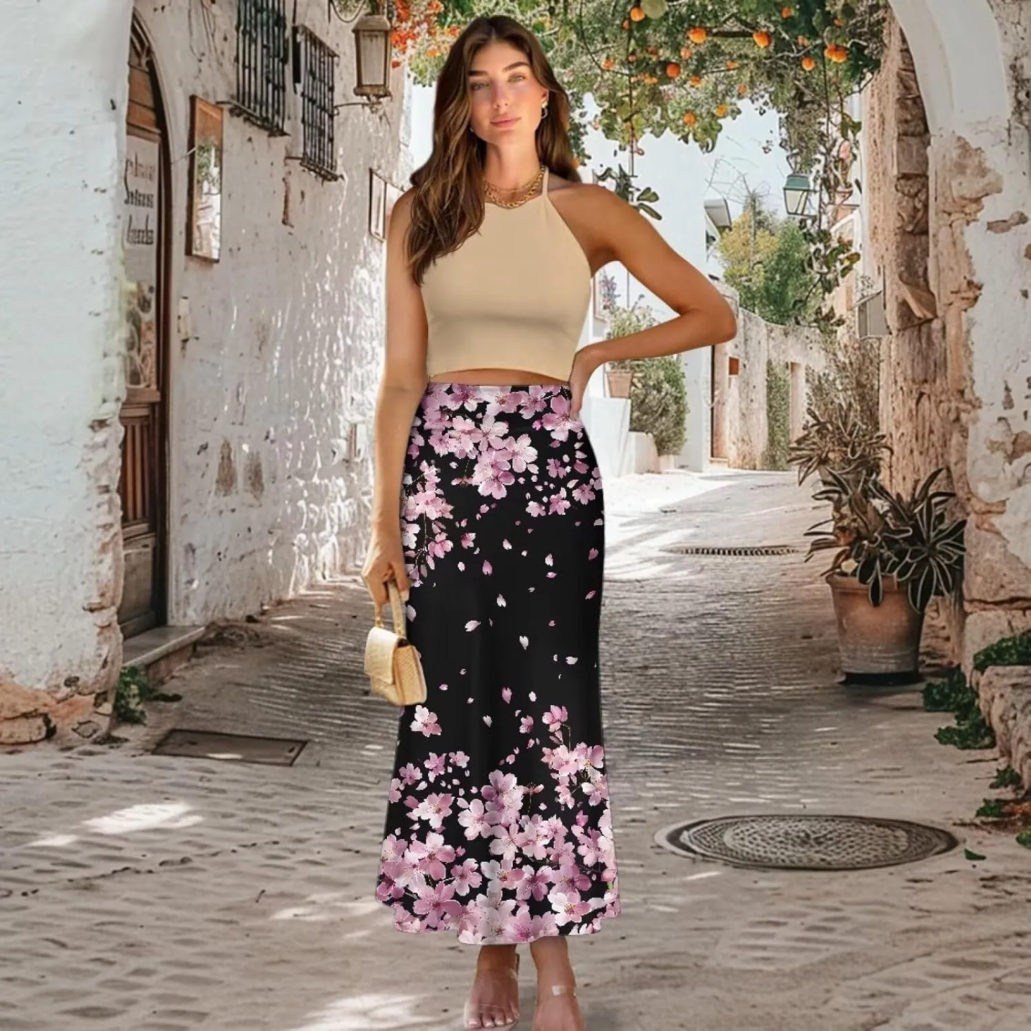 POLERO Plus Size Skirt for Women High Waist Long Maxi Flowy Skirts Zipper Trendy Casual Outfit