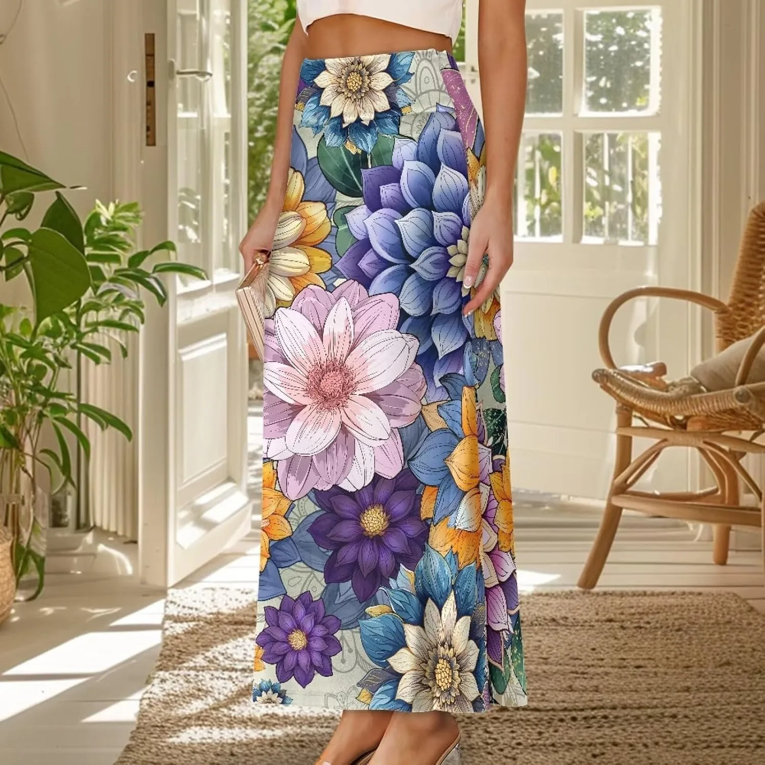 POLERO Plus Size Skirt for Women High Waist Long Maxi Flowy Skirts Zipper Trendy Casual Outfit