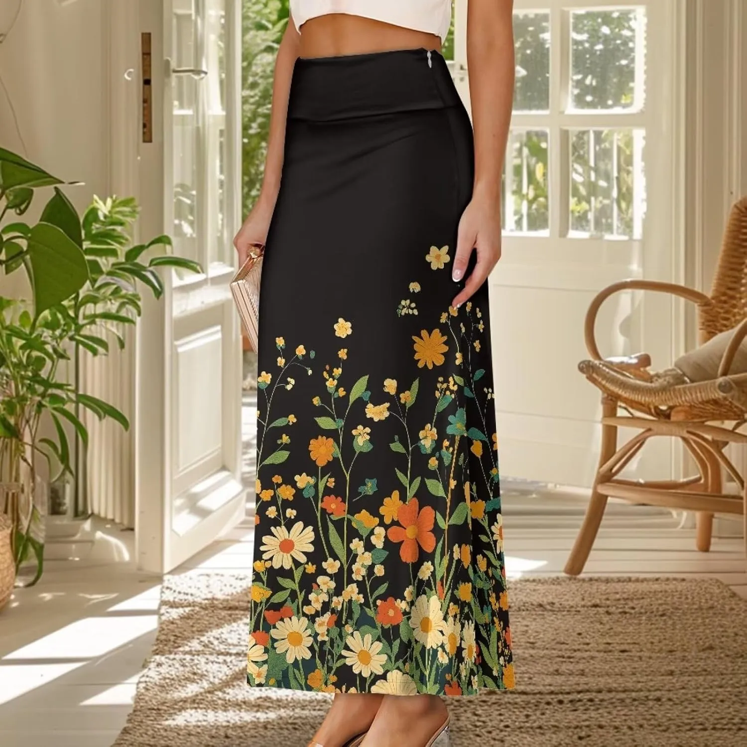 POLERO Plus Size Skirt for Women High Waist Long Maxi Flowy Skirts Zipper Trendy Casual Outfit