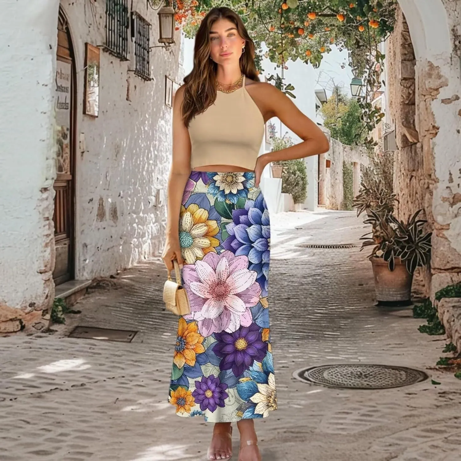 POLERO Plus Size Skirt for Women High Waist Long Maxi Flowy Skirts Zipper Trendy Casual Outfit