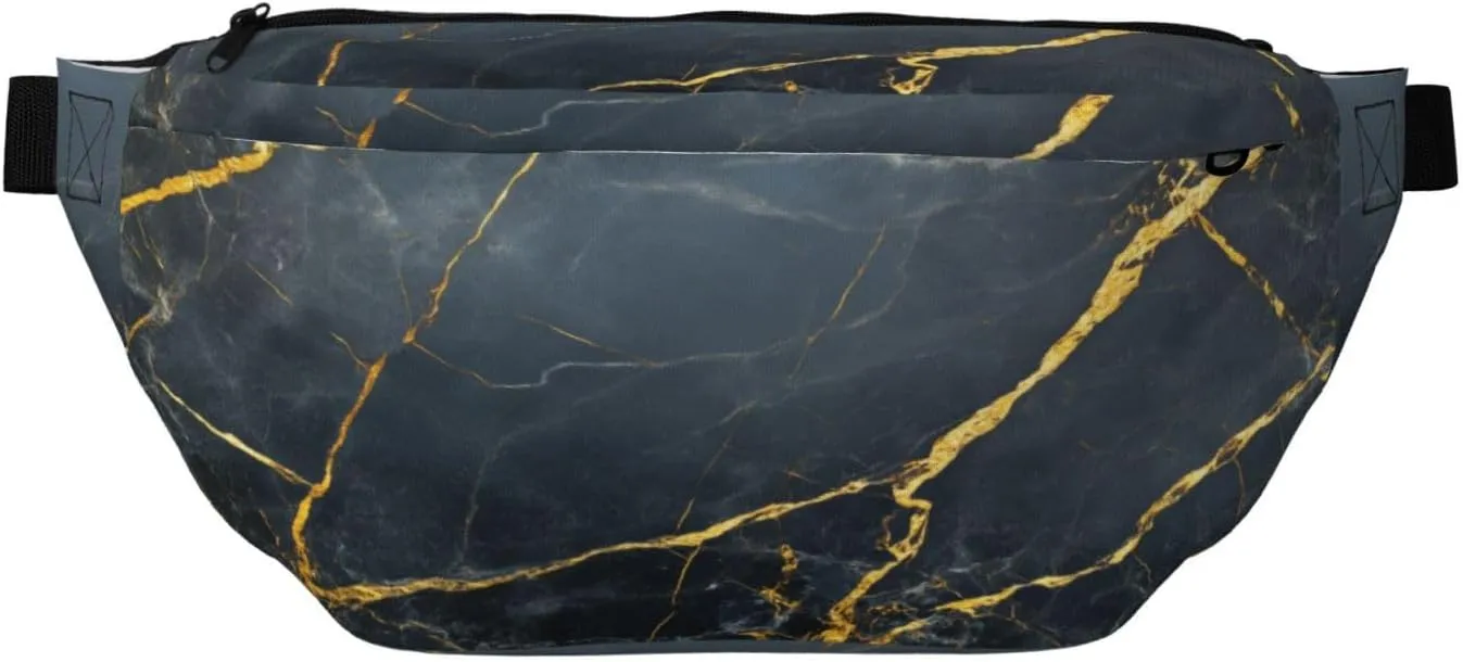Polished Black Marble With Golden Veins Fanny Pack For Women Man, Waist Belt Bag Crossbody For Sports Travel Hiking Running Jogging