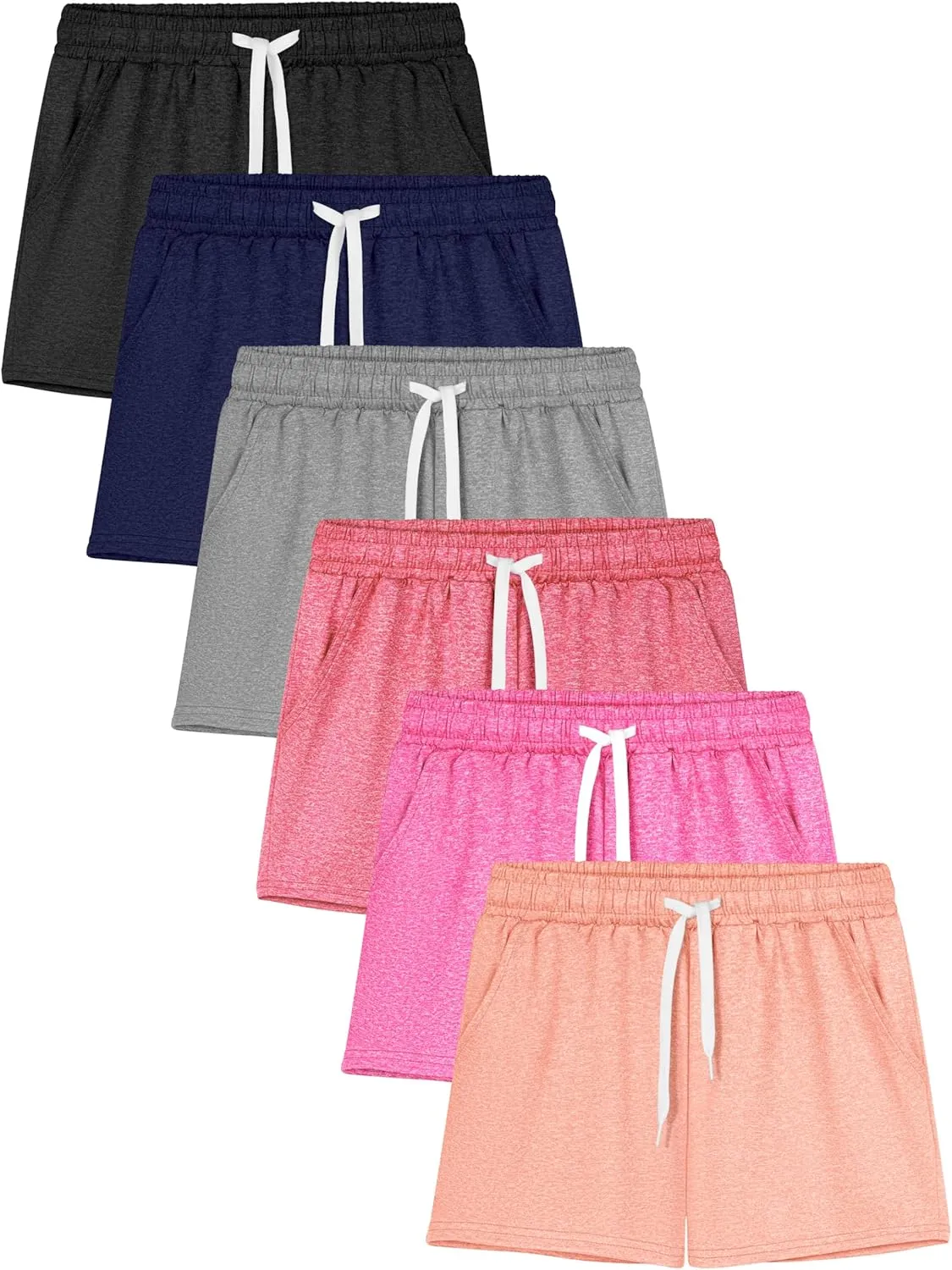 Poroka 6 Pack Girls Dry-fit Running Shorts Active Performance Short Summer Sports Shorts with Drawstring Pocket for Kids