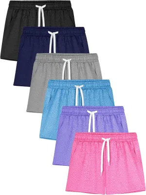 Poroka 6 Pack Girls Dry-fit Running Shorts Active Performance Short Summer Sports Shorts with Drawstring Pocket for Kids