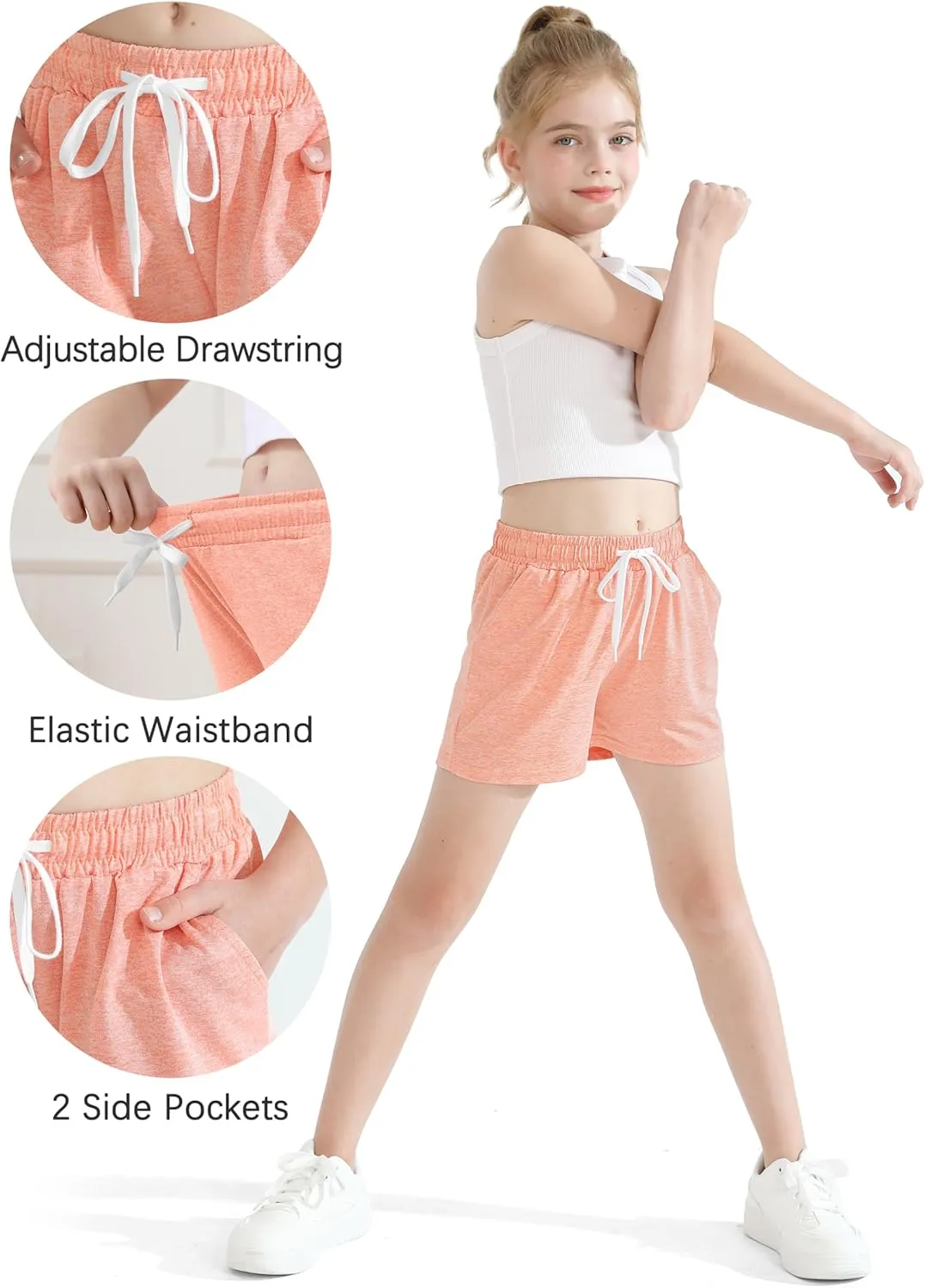 Poroka 6 Pack Girls Dry-fit Running Shorts Active Performance Short Summer Sports Shorts with Drawstring Pocket for Kids