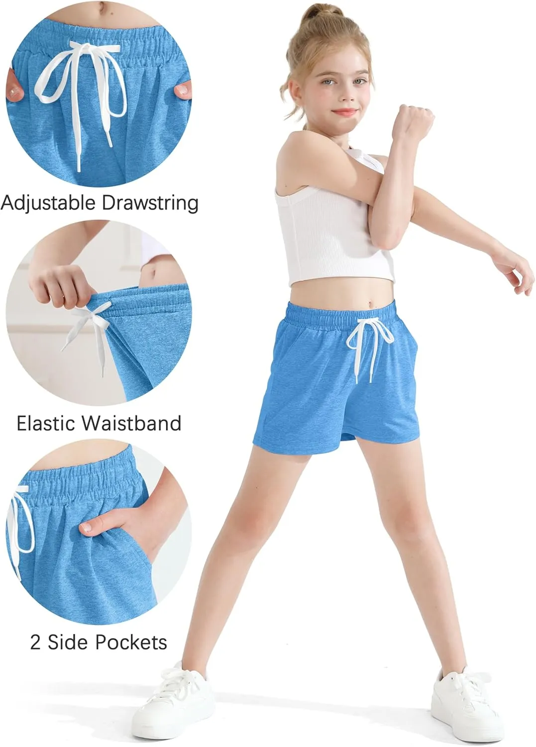 Poroka 6 Pack Girls Dry-fit Running Shorts Active Performance Short Summer Sports Shorts with Drawstring Pocket for Kids