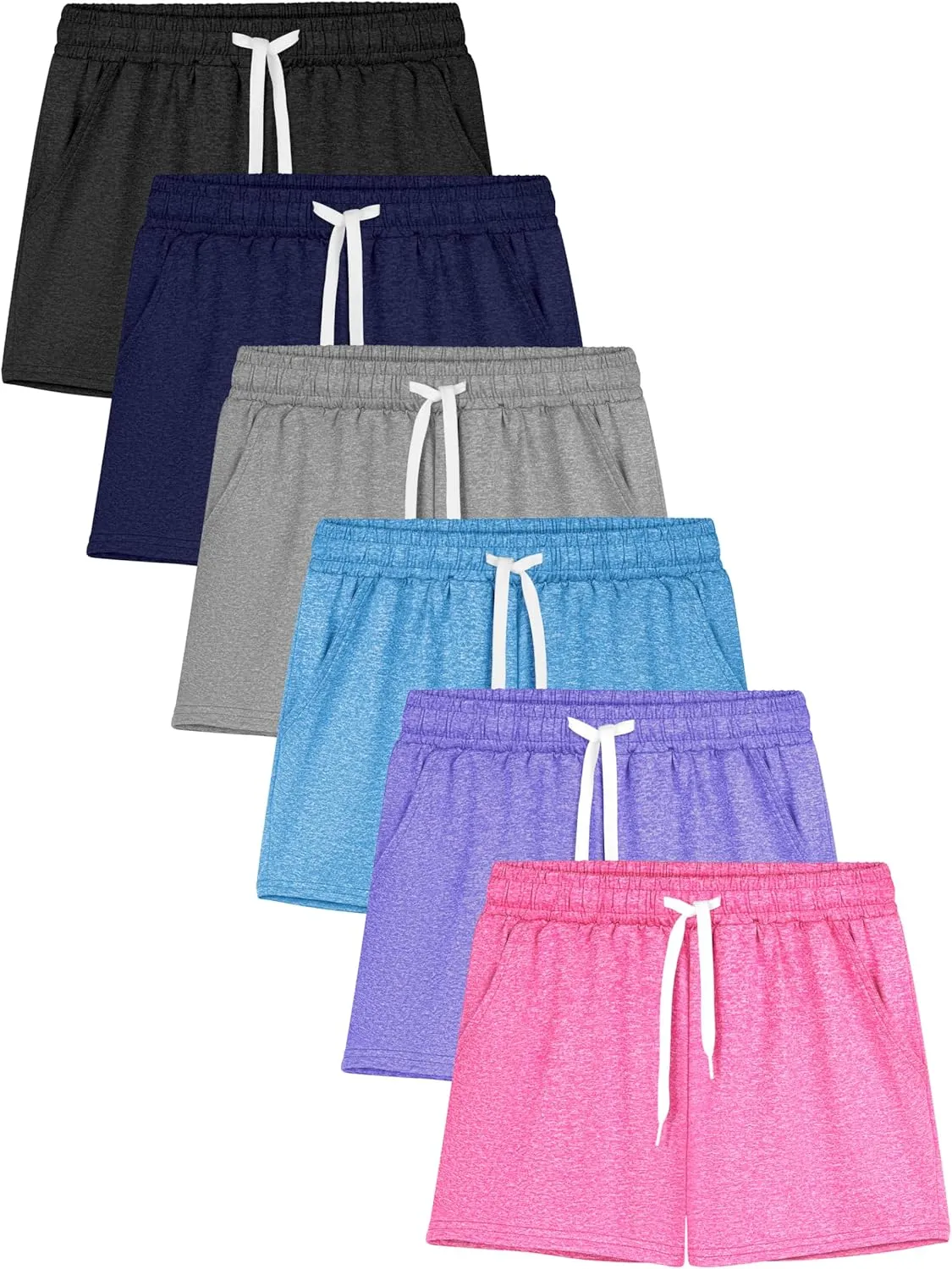 Poroka 6 Pack Girls Dry-fit Running Shorts Active Performance Short Summer Sports Shorts with Drawstring Pocket for Kids