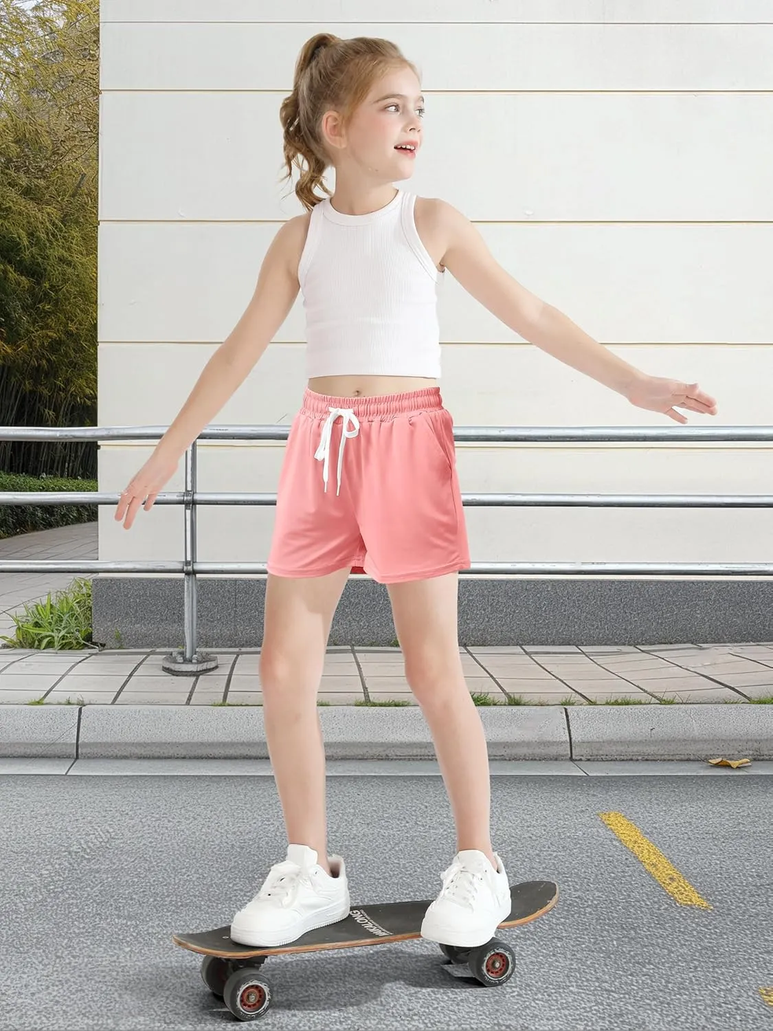 Poroka 6 Pack Girls Dry-fit Running Shorts Active Performance Short Summer Sports Shorts with Drawstring Pocket for Kids
