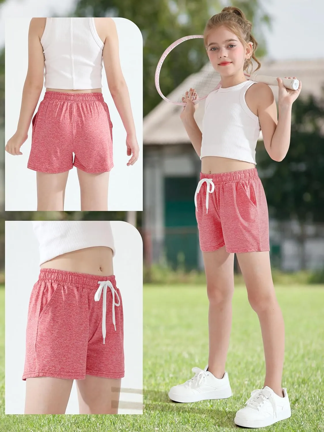 Poroka 6 Pack Girls Dry-fit Running Shorts Active Performance Short Summer Sports Shorts with Drawstring Pocket for Kids