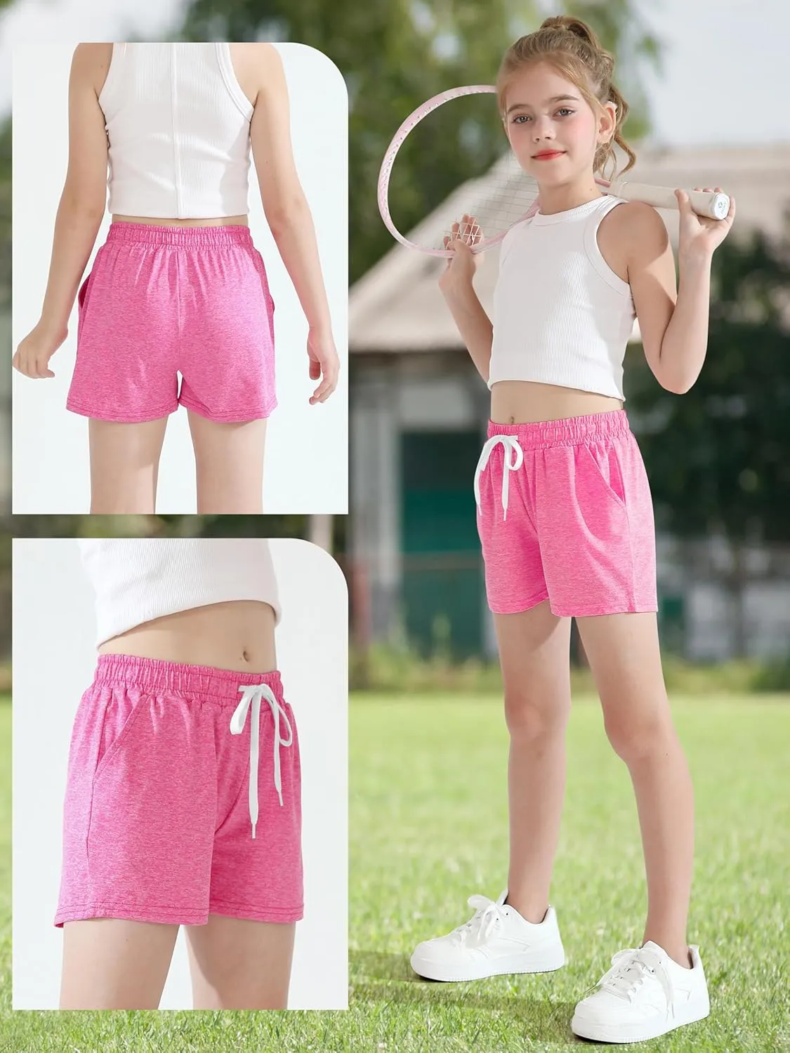 Poroka 6 Pack Girls Dry-fit Running Shorts Active Performance Short Summer Sports Shorts with Drawstring Pocket for Kids