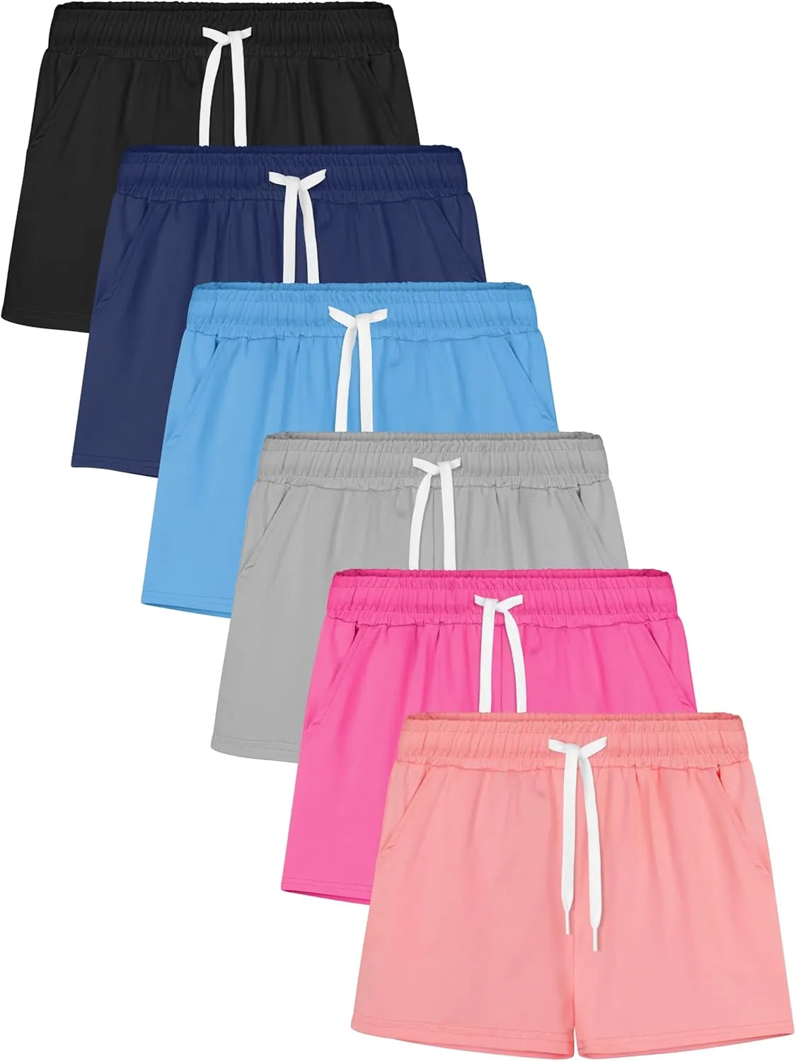 Poroka 6 Pack Girls Dry-fit Running Shorts Active Performance Short Summer Sports Shorts with Drawstring Pocket for Kids