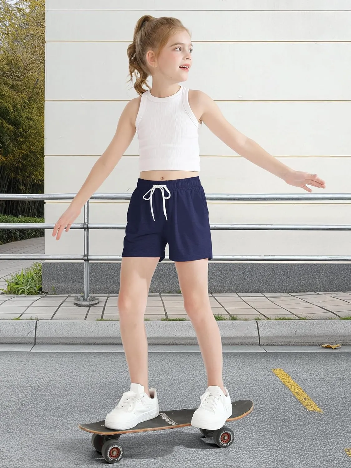 Poroka 6 Pack Girls Dry-fit Running Shorts Active Performance Short Summer Sports Shorts with Drawstring Pocket for Kids