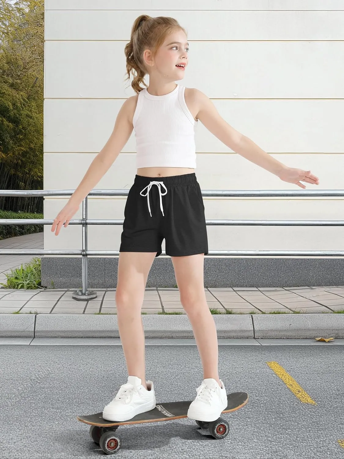Poroka 6 Pack Girls Dry-fit Running Shorts Active Performance Short Summer Sports Shorts with Drawstring Pocket for Kids
