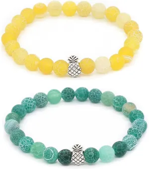 POYAMUSE Pineapple Bracelets Beaded Bracelets for Women and Men - Adjustable Stretch Bracelets for Best Friend - Green Yellow/Black White Beaded Bracelets 2PCS