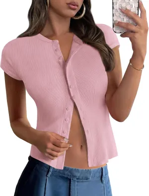 PRETTYGARDEN Women's Short Sleeve Summer Tops 2025 Trendy Ribbed Knit Button Up Tight Basic Tees Shirts Going Out Y2K Clothes
