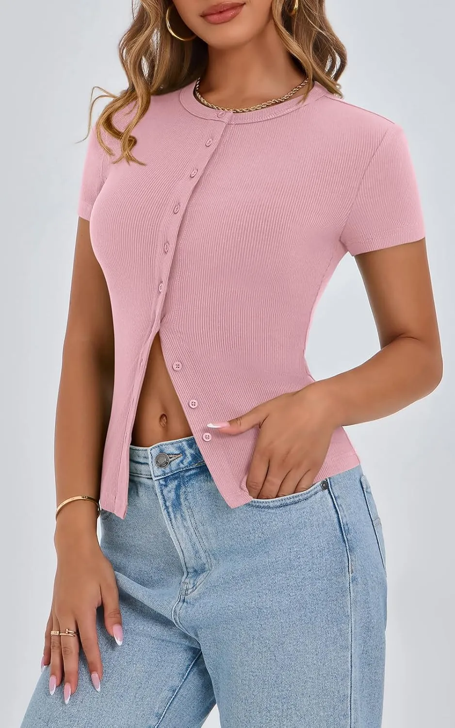 PRETTYGARDEN Women's Short Sleeve Summer Tops 2025 Trendy Ribbed Knit Button Up Tight Basic Tees Shirts Going Out Y2K Clothes