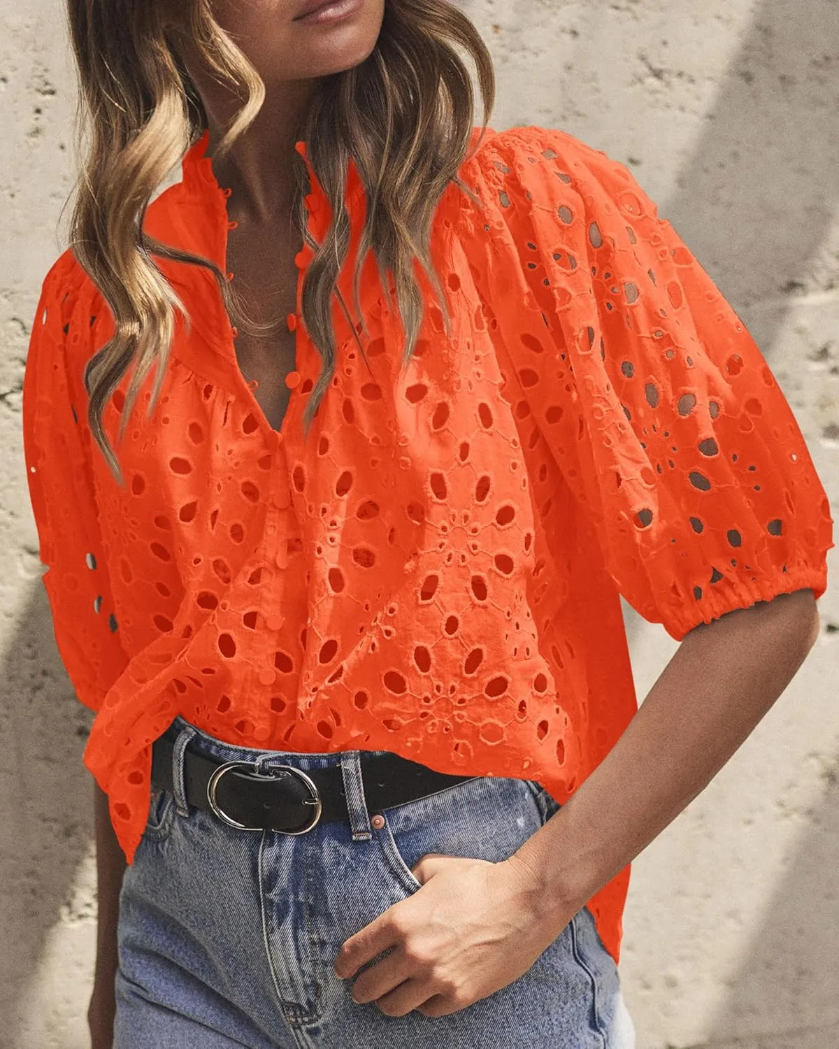 PRETTYGARDEN Women's Summer Short Sleeve Tops 2025 Dressy Casual Buttons V Neck Hollow Out Lace Embroidered Blouses Shirts