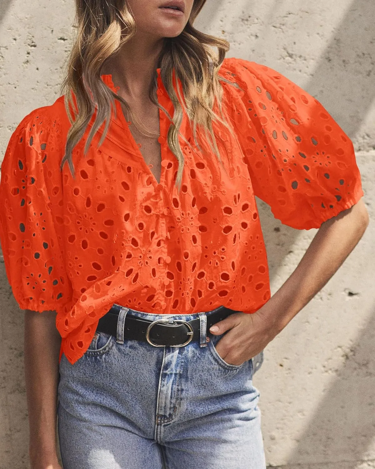 PRETTYGARDEN Women's Summer Short Sleeve Tops 2025 Dressy Casual Buttons V Neck Hollow Out Lace Embroidered Blouses Shirts