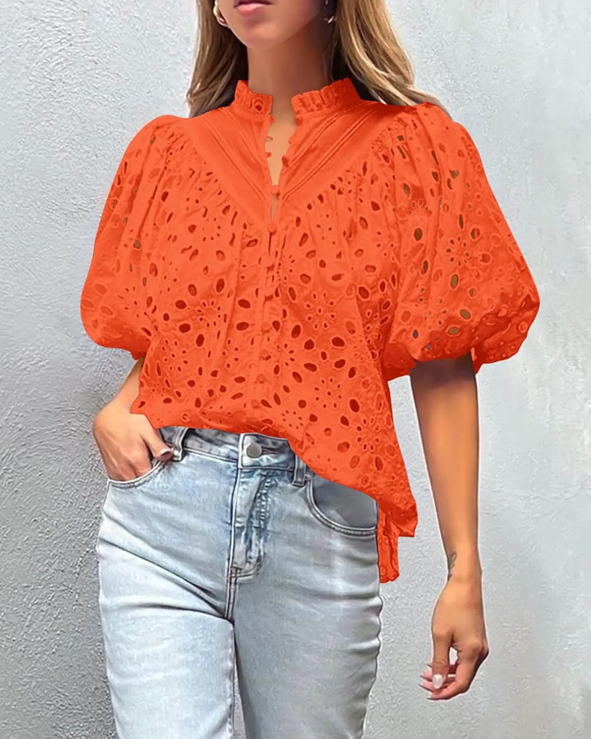 PRETTYGARDEN Women's Summer Short Sleeve Tops 2025 Dressy Casual Buttons V Neck Hollow Out Lace Embroidered Blouses Shirts