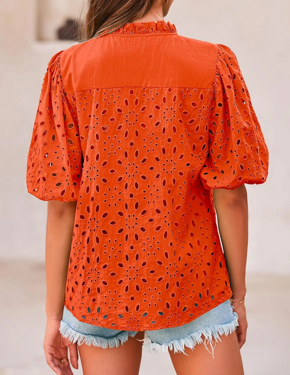 PRETTYGARDEN Women's Summer Short Sleeve Tops 2025 Dressy Casual Buttons V Neck Hollow Out Lace Embroidered Blouses Shirts