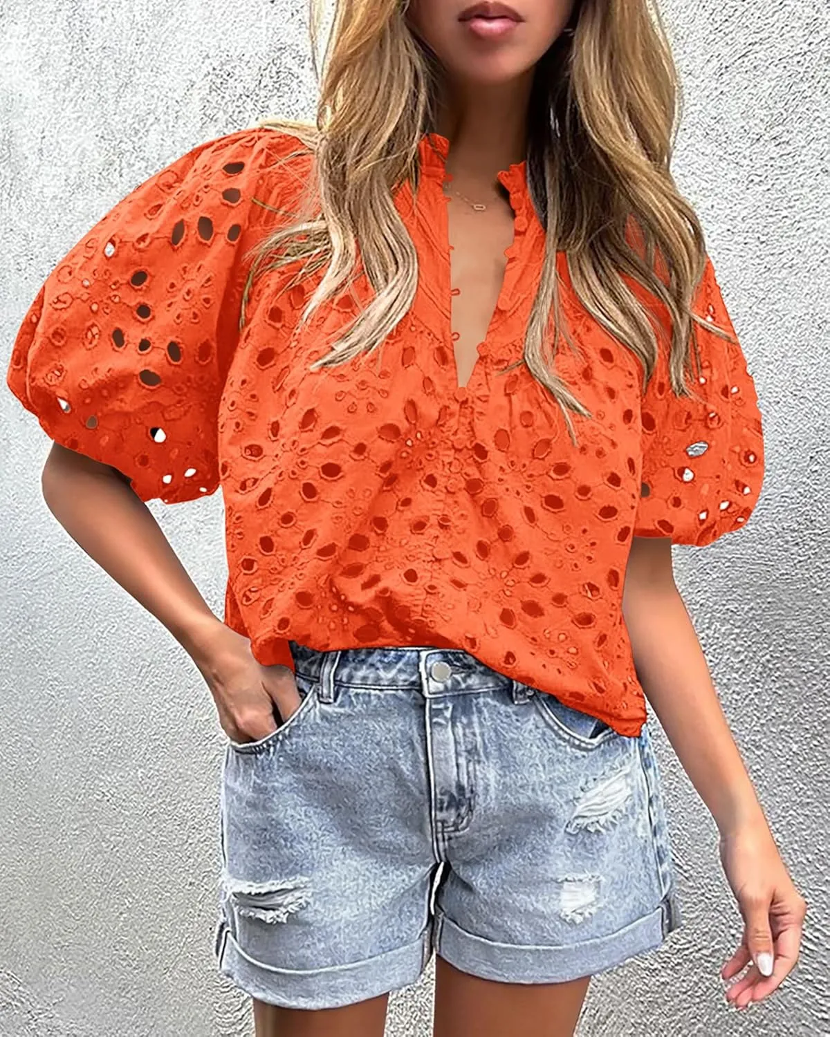 PRETTYGARDEN Women's Summer Short Sleeve Tops 2025 Dressy Casual Buttons V Neck Hollow Out Lace Embroidered Blouses Shirts