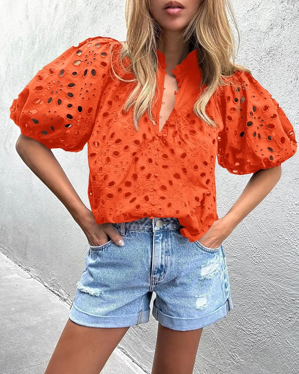 PRETTYGARDEN Women's Summer Short Sleeve Tops 2025 Dressy Casual Buttons V Neck Hollow Out Lace Embroidered Blouses Shirts