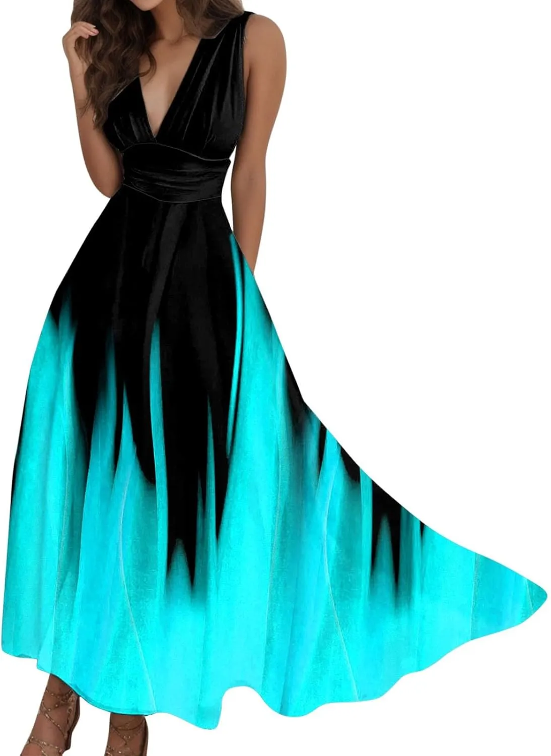 PTOLOCIF Sundresses for Women 2024, Trendy Summer Flowy Sleeveless Dresses Elegant V Neck Wedding Guest Dresses Maxi Dresses