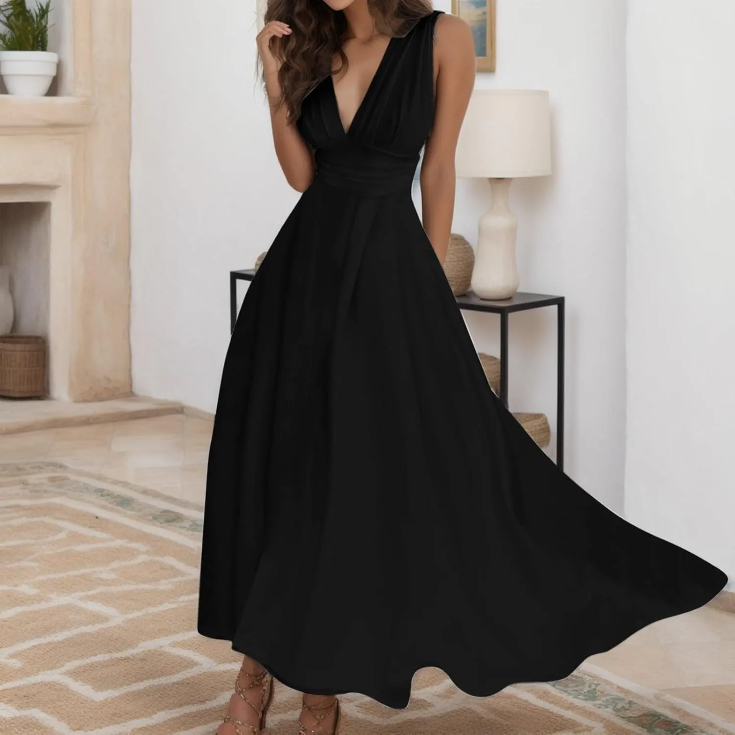 PTOLOCIF Sundresses for Women 2024, Trendy Summer Flowy Sleeveless Dresses Elegant V Neck Wedding Guest Dresses Maxi Dresses