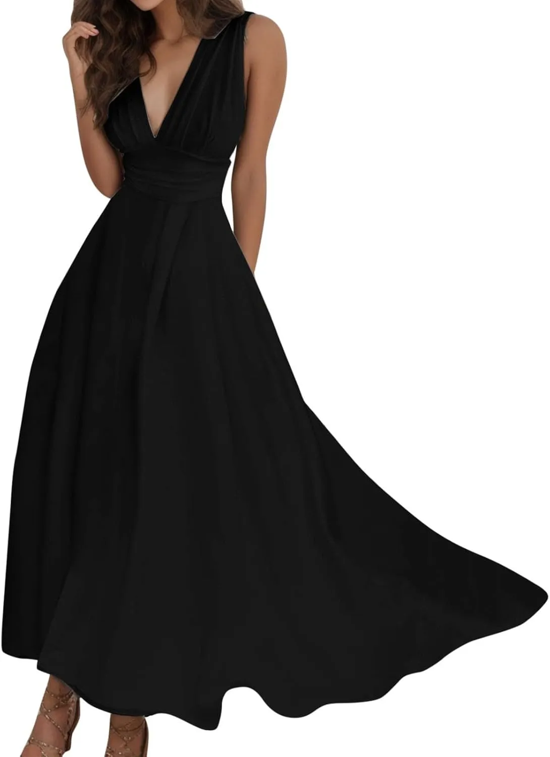 PTOLOCIF Sundresses for Women 2024, Trendy Summer Flowy Sleeveless Dresses Elegant V Neck Wedding Guest Dresses Maxi Dresses