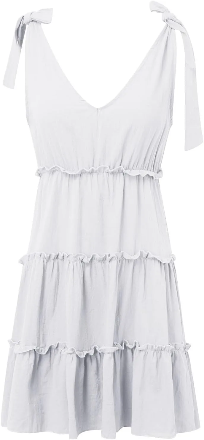 PTOLOCIF Women's Casual V Neck Sleeveless Mini Dress Tie Shoulder Width Layered Ruffles Flowing A Party Casual Dresses