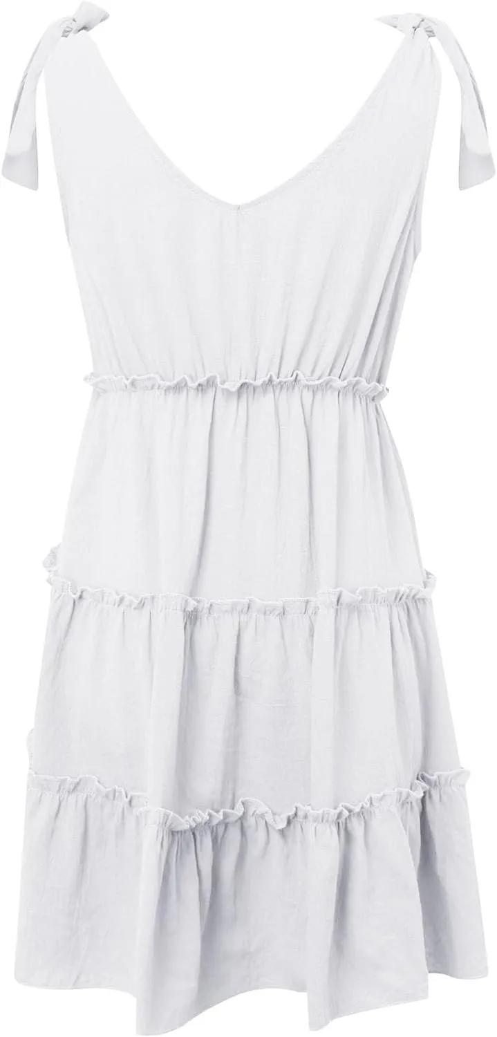 PTOLOCIF Women's Casual V Neck Sleeveless Mini Dress Tie Shoulder Width Layered Ruffles Flowing A Party Casual Dresses