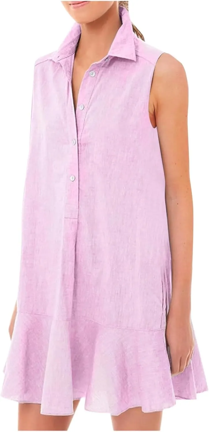 PTOLOCIF Women's Tunic Mini Shirt Dress Sleeveless Cute Chambray Dress Button Up Flowy Ruffle Hem Dresses Straight